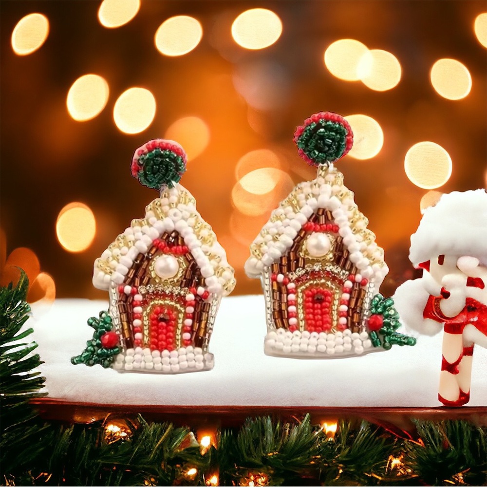 Beaded Holiday Gingerbread House Earrings